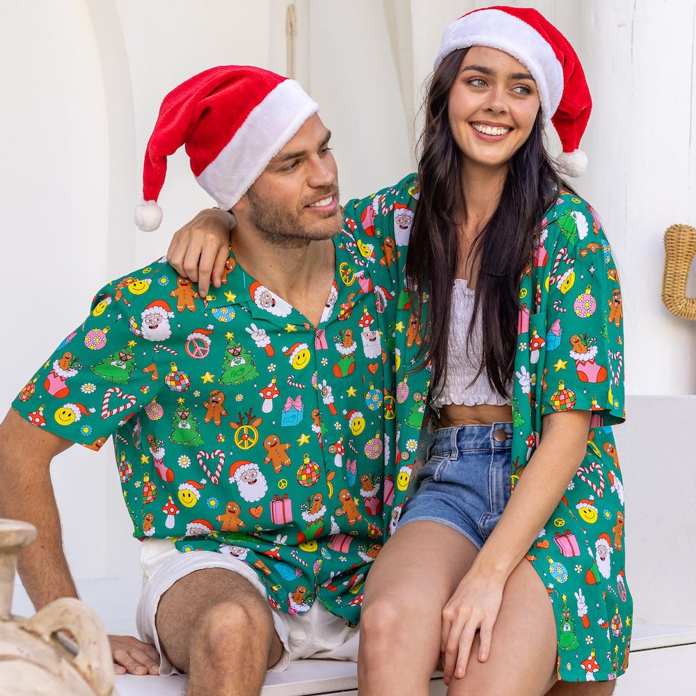 This Holidaze shirt is sure to turn heads and spark joy! You'll be the envy of the party in this 'groovy' 100% soft rayon shirt, boasting a vibrant green base and retro-inspired Christmas elements like Santa, gingerbread and of course lots of smiley faces! Deck the halls and your wardrobe!