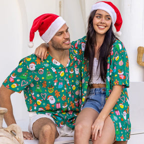 This Holidaze shirt is sure to turn heads and spark joy! You'll be the envy of the party in this 'groovy' 100% soft rayon shirt, boasting a vibrant green base and retro-inspired Christmas elements like Santa, gingerbread and of course lots of smiley faces! Deck the halls and your wardrobe!