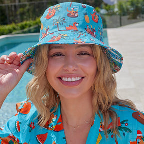 Stand out from the crowd in this Christmas print Bucket Hat! It's made for the Aussie summer and get for keeping off the sun on Christmas Day. It also perfectly pairs with the matching Xmas shirts and swim shorts. View the Christmas Collection. 