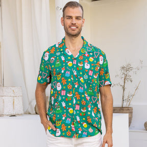 Stay festive all season long in the Holidaze shirt! Crafted from a soft rayon material, it merrily blends colourful, retro Christmas elements – from gingerbread to Santa to candy canes – all atop a festive green base. Make the holidays bright with it!