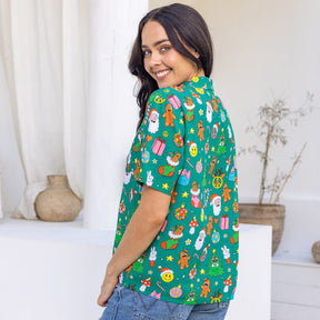 Our Holidaze Christmas Shirts are as festive as it gets! Featuring a soft rayon fabric with a vibrant green base and retro Christmas elements, you'll be able to show your holiday spirit with the utmost style. Santa, gingerbread, candy canes and more make these shirts too cool for the North Pole!