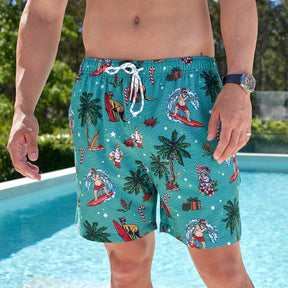 Slip on our Aussie Christmas Green - Festive Swim Shorts and take a dip in style! Made from recycled polyester, these fun-filled shorts feature Surfing Santa, Aussie flowers and animals, and candy canes galore – perfect for a festive beach day! Soak up the sun in your eco-friendly, seriously stoked shorts!
