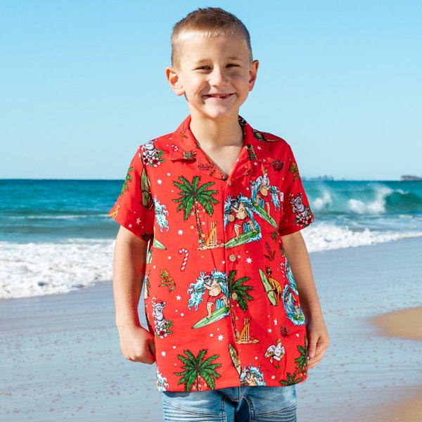 Boys Girls Hawaiian Shirt Kids Aussie Christmas Red Shirt