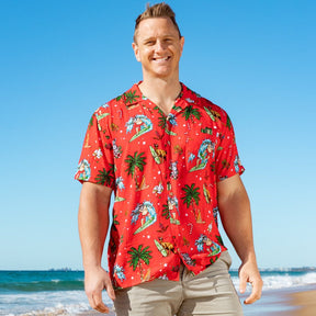 Look your festive best with this Aussie Christmas Red Shirt! This 100% rayon shirt features a bright red base with a surfing Santa, Australian animals, and other Christmas elements — You can also kit out the whole family for the holiday season! Deck the hall with style this year.