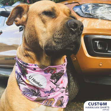 Hands down the best-dressed dogs on Waihi Beach!  These cool custom pet Bandanas were made to match the Custom Hawaiian Shirts & Shorts for LJ Hooker, Waihi Beach, NZ.  Custom Pet / Dog Bandanas 100% Soft Rayon