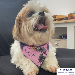 Hands down the best-dressed dogs on Waihi Beach!  These cool custom pet Bandanas were made to match the Custom Hawaiian Shirts & Shorts for LJ Hooker, Waihi Beach, NZ.  Custom Pet / Dog Bandanas 100% Soft Rayon