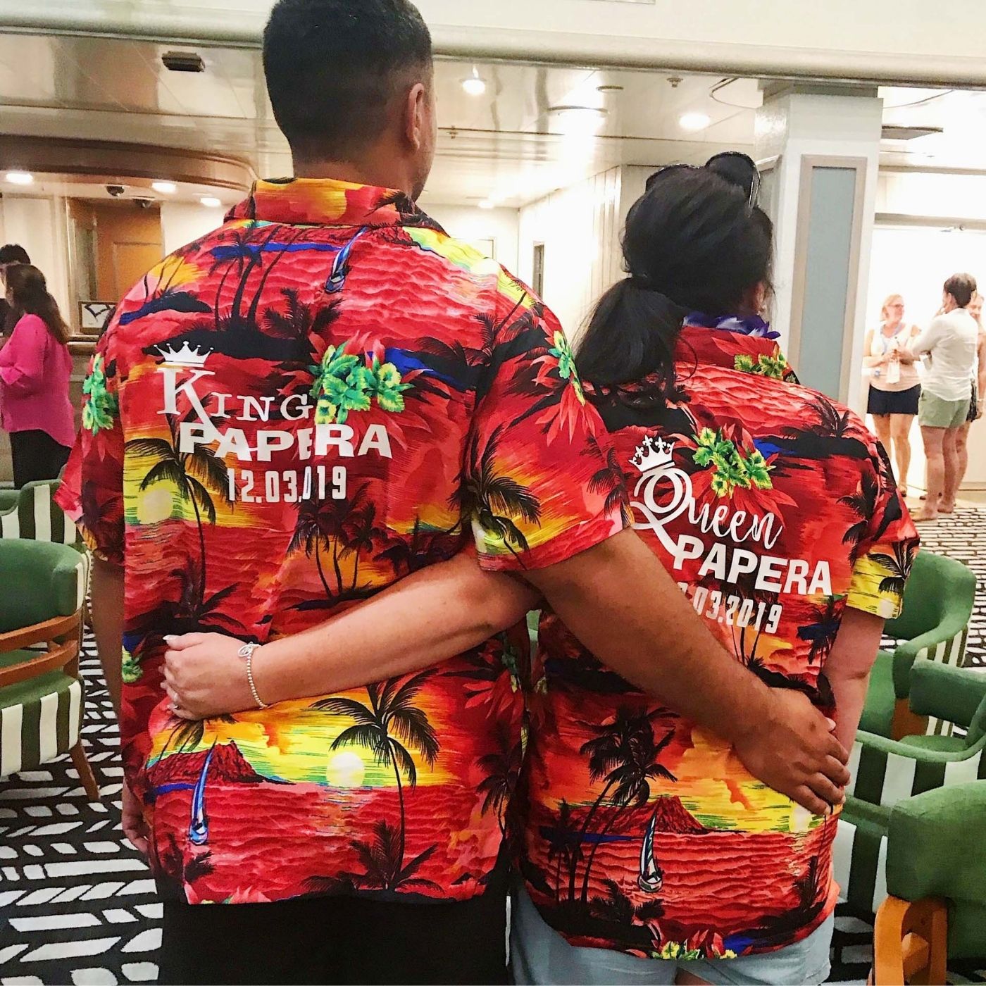 Custom Hospitality Hawaiian Shirts add your logo screen printed, embroidered or heat-press. Names and logo for customised corporate uniforms or groups cruising and corporate functions