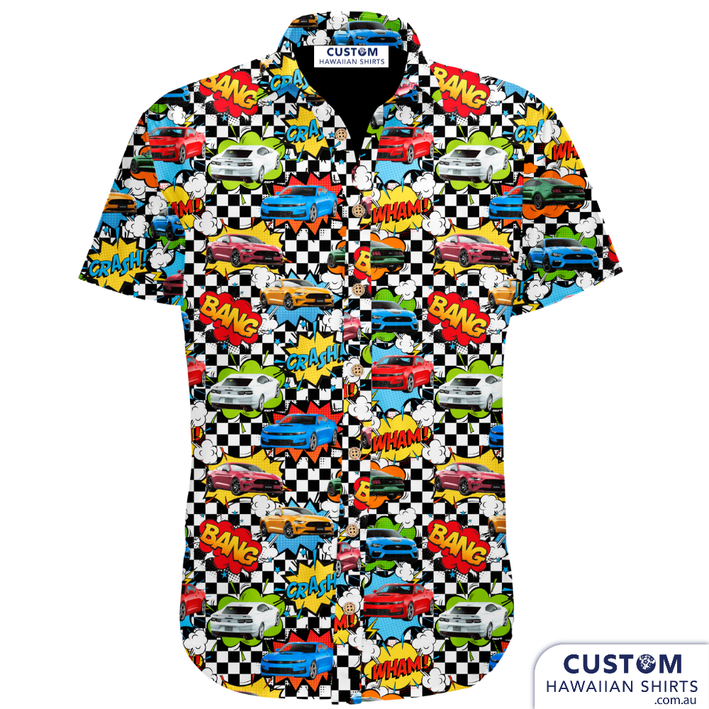 This group of mates attend Supercar racing events and last year were in Melbourne for the big Race. This is the matching personalised shirts they ordered. 3 versions.  100% rayon Open classic collar Coconut shell buttons
