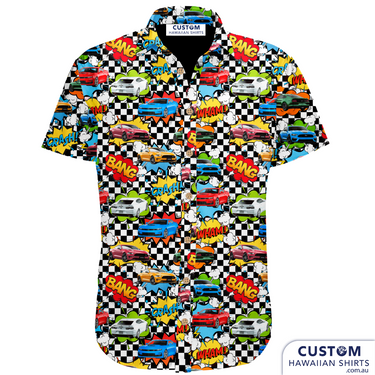 This group of mates attend Supercar racing events and last year were in Melbourne for the big Race. This is the matching personalised shirts they ordered. 3 versions.  100% rayon Open classic collar Coconut shell buttons