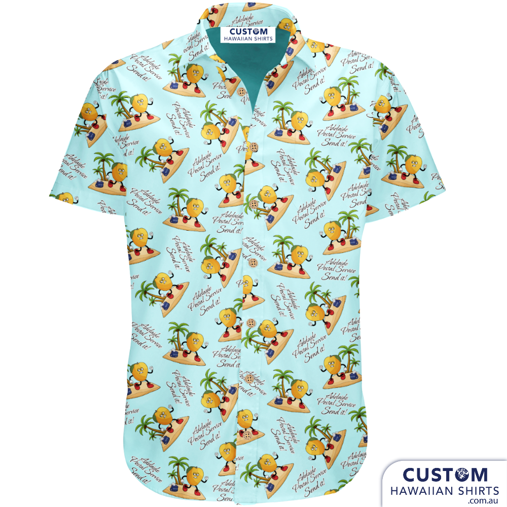 This was a fun design for HMAS Adelaide, Adelaide Postal Service, South Australia. They deliver the NEWS! Their design included a mango-mail man, his postal satchel, palm trees on an island. Quirky and individual - we really do put (almost) anything you want on your shirts! Our design team is based on the Sunshine Coast, Queensland and the design is FREE. Enquire now. 100% Cotton Coconut embossed buttons Personalised Hawaiian Shirts