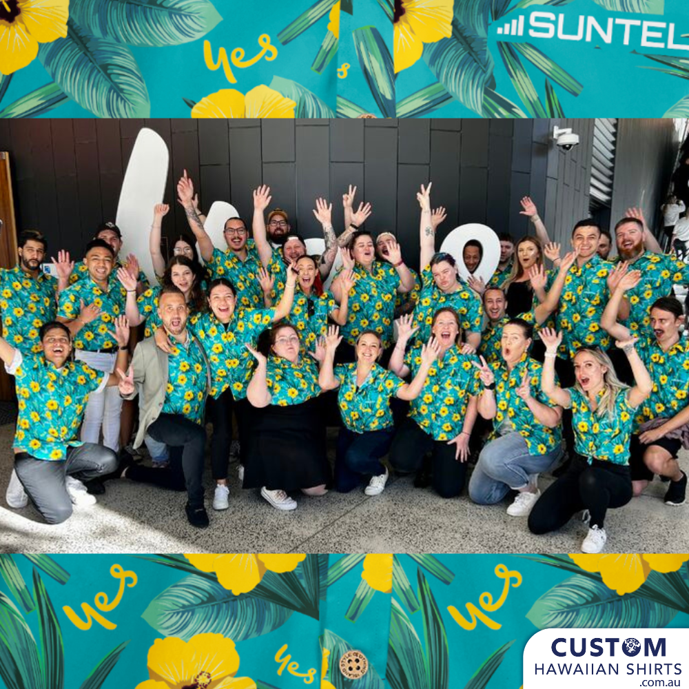 Suntel Optus said YES to another exciting new Customized Clothing from us. Inhouse we created this together this great design with layers of leaves and their logo. It was a such a hit at the conference we have since made three other versions for other stores and the original store in Brisbane.  Hawaiian Shirts 100% Cotton Coconut buttons