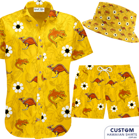 These chaps deal with busy patterns every day. Simplicity and affable Australian style was key to this design. We reckon it'll takeoff. HMAS Arunta, NT, Navy - ADF - Hawaiian shirts, Shorts & Bucket Hats. Featuring kangaroos, crocodilles and the Sturt's Desert Rose - emblem of Northern Territory also features on their flag.