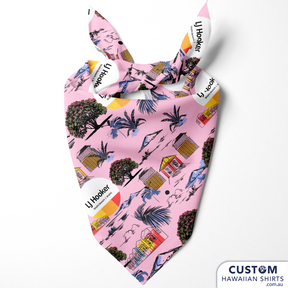 Accessorise your Aloha shirt with a badass bandana. Wrap around your head, your neck, your purse, or your pet! Furry friends can get in on the Aloha action too!  We design Custom Bandanas for Pets(or Humans). Made to match with your shirts.  We can add your logo and graphics of your choice. Add some matching shirts, shorts or bucket hats to dress your whole crew/club and supporters.