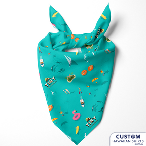 Accessorise your Aloha shirt with a badass bandana. Wrap around your head, your neck, your purse, or your pet! Furry friends can get in on the Aloha action too!  We design Custom Bandanas for Pets(or Humans). Made to match with your shirts.  We can add your logo and graphics of your choice. Add some matching shirts, shorts or bucket hats to dress your whole crew/club and supporters.