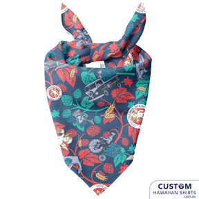 Accessorise your Aloha shirt with a badass bandana. Wrap around your head, your neck, your purse, or your pet! Furry friends can get in on the Aloha action too!  We design Custom Bandanas for Pets(or Humans). Made to match with your shirts.  We can add your logo and graphics of your choice. Add some matching shirts, shorts or bucket hats to dress your whole crew/club and supporters.