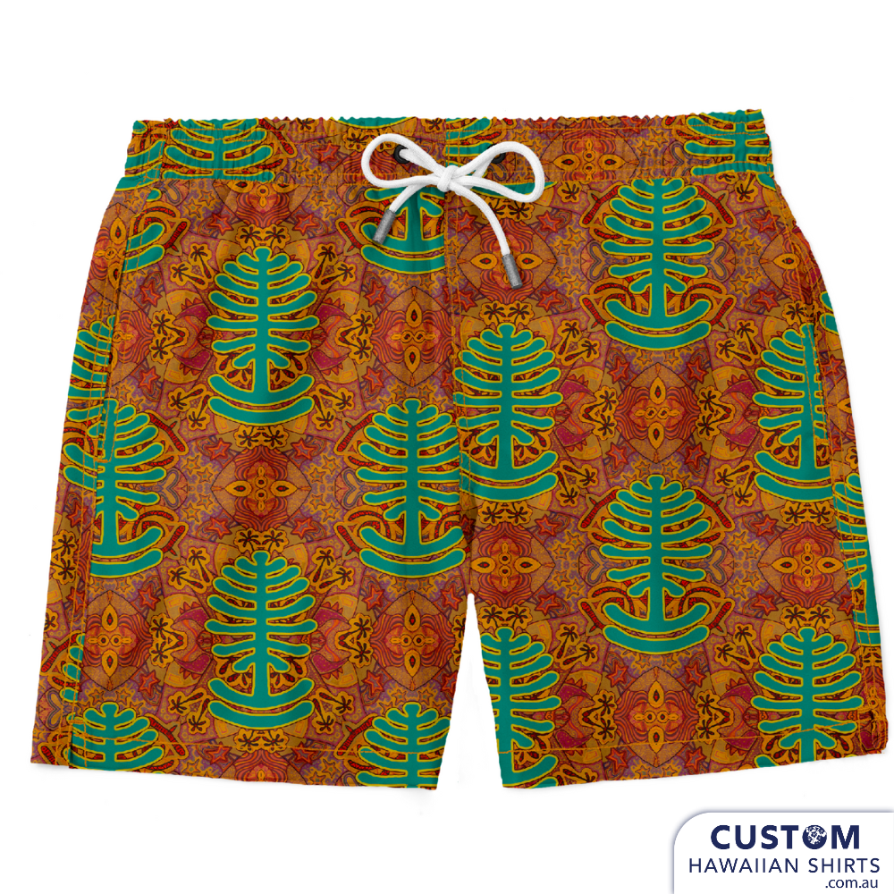 We were happy to make 3 different mens swim shorts for one of our local festivals. We are based on the Sunshine Coast, QLD and Woodford has been a favourite of ours to visit for many years. A very funky Aussie print main image is a Bunya tree.  These were available for sale in their merch tent.  Custom Swim Shorts A soft 4-way stretch poly/lycra blend