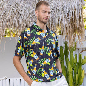 Message in a bottle: we've got your perfect fit in stock now. Spirited, yet sophisticated, featuring a modern leaf and beer bottle print constructed from our super lightweight, stretch fabric. For an athleisure look that champions the masculine silhouette - you can't fight the draw of a long-necked bottle… Bottoms up!