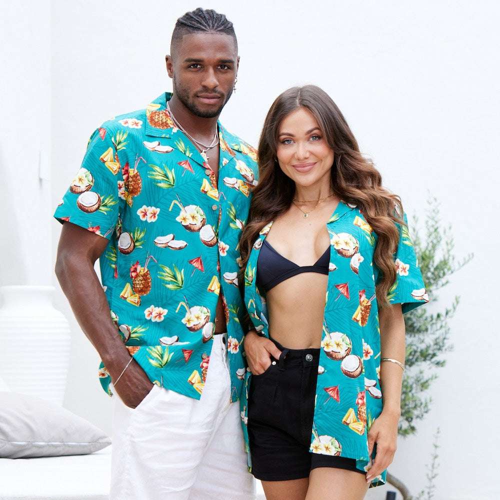 Experience the taste of tropical paradise with Coco Crush! This unique, unisex Hawaiian shirt features a teal base with a subtle leaf design, decorated with coconuts and pineapples to bring a splash of sunshine to your wardrobe.