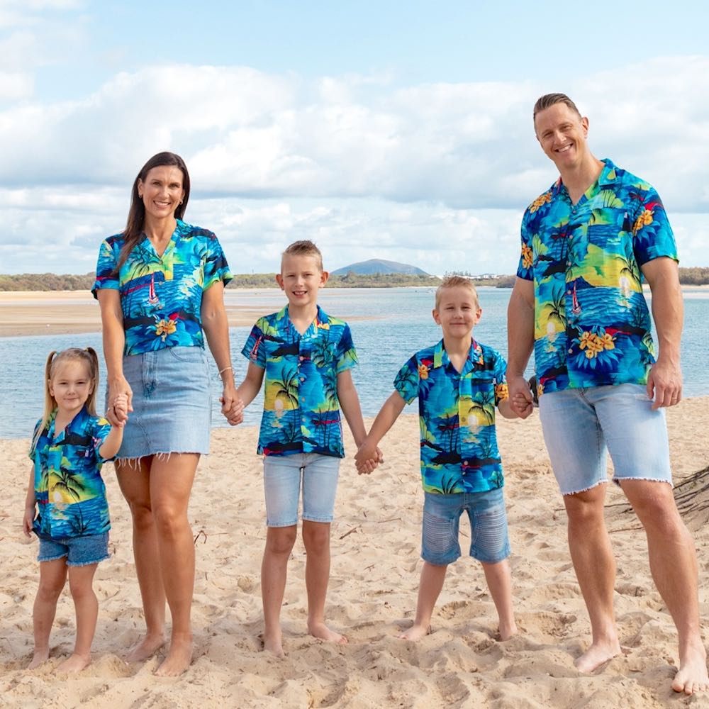 Swoop on this season's must-have! These shirts are going to make the perfect addition to your little boy's wardrobe.  A modern tropical shirt made from a breathable and lightweight rayon material makes them perfect for your little grom wearing them in the hot summer months.  Matching shirts for Mum & Dad are available. View the Blue Sunset Collection.