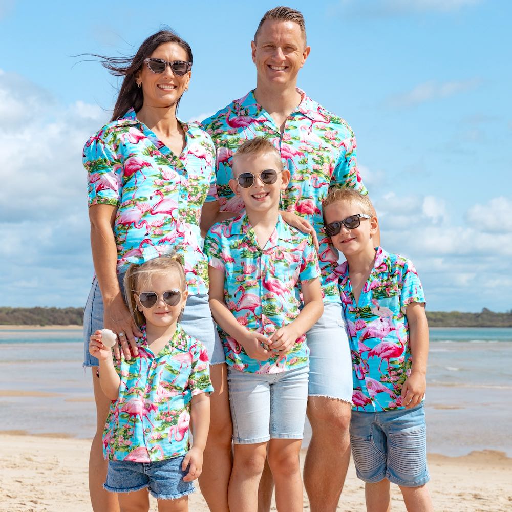 Flip the bird to couture cliches. An eye popping classic exact matching couples Hawaiian shirts set for festivals, cruise away parties, conferences, pub crawls, or even honeymoon.  Shop the Turquoise Flamingo Collection. 