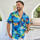 As if you needed an incentive to transport yourself to the Island state of mind….banish banal and get yourself a slice of couture paradise now! Upgrade your wardrobe with this Blue Sunset Hawaiian Aloha shirt