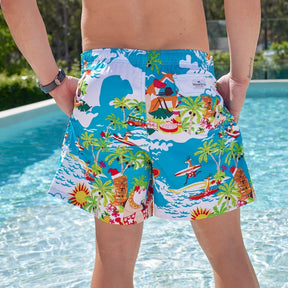 Introducing the Blue Surfing Santa Christmas Shorts, perfect for every holiday occasion. Crafted from recycled polyester, these cool shorts provide a unique, festive look for Christmas, parties, cruises, and more. Coordinate with a matching Hawaiian shirt for the complete Christmas day look.  Kick back and enjoy the festivities in these lightweight and quick drying swim shorts made from 100% recycled materials.