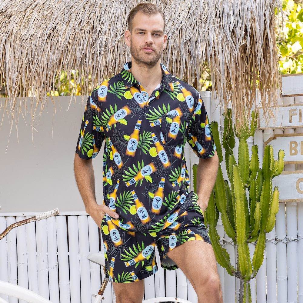 Our Happy Hour Mens Golf Polo Shirt & Shorts set will have you ready to tee off in style. With a slick design and quality construction, you'll be playing your best round ever — no mulligans required! ;) .  Our Golf Polo Shirts, are made from a super lightweight, stretch, and breathable material. Plus our Shorts are made from recycled plastic bottles. 
