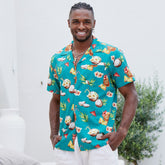 Express your tropical vibes with this Coco Crush Hawaiian Shirt. The teal base colour is punctuated by fun summer cocktails, juicy pineapples, and a hint of leafy foliage - perfect for those beachy nights out! Soft cotton and rayon blend ensures you stay stylish and comfortable all summer long.