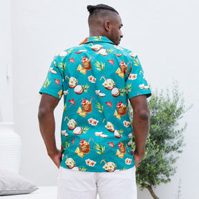 Express your tropical vibes with this Coco Crush Hawaiian Shirt. The teal base colour is punctuated by fun summer cocktails, juicy pineapples, and a hint of leafy foliage - perfect for those beachy nights out! Soft cotton and rayon blend ensures you stay stylish and comfortable all summer long.