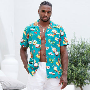 Express your tropical vibes with this Coco Crush Hawaiian Shirt. The teal base colour is punctuated by fun summer cocktails, juicy pineapples, and a hint of leafy foliage - perfect for those beachy nights out! Soft cotton and rayon blend ensures you stay stylish and comfortable all summer long.