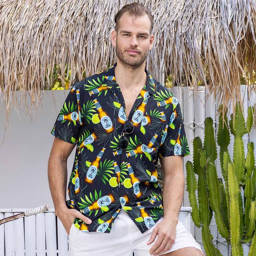 Enjoy your favourite beverage in style with this Happy Hour Men's Shirt! Crafted from a cotton and rayon blend, its bold design of beer bottles, limes, and leaves will have you living the high life. Get ready to raise a glass and cheers to your new favorite look!