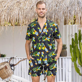 Enjoy your favourite beverage in style with this Happy Hour Men's Shirt! Crafted from a cotton and rayon blend, its bold design of beer bottles, limes, and leaves will have you living the high life. Get ready to raise a glass and cheers to your new favourite look!