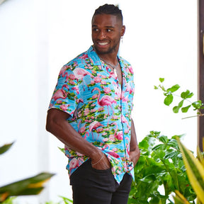 Let your aloha spirit soar with this Turquoise Flamingo Mens’ Hawaiian Shirt: a perfect combination of pink flamingo and tropical vibes for your next beach party or festival! Slip into 100% soft rayon and show your wild side! (And do it in style!)  Double up with the matching Ladies Hawaiian Shirt or go all out matching with the whole family! View the Turquoise Flamingo Collection. 