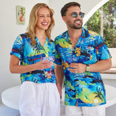Arrive in style with the Blue Sunset Hawaiian Shirt & Crop Shirt that gets the beach vibes rolling! Featuring a classic tropical aloha print of diamond head in soft 100% rayon, this ultimate matchy-matchy pair is perfect for cruisin' or any tropical-themed uniform. So, grab your dance shoes and hit the sand! Aloha!