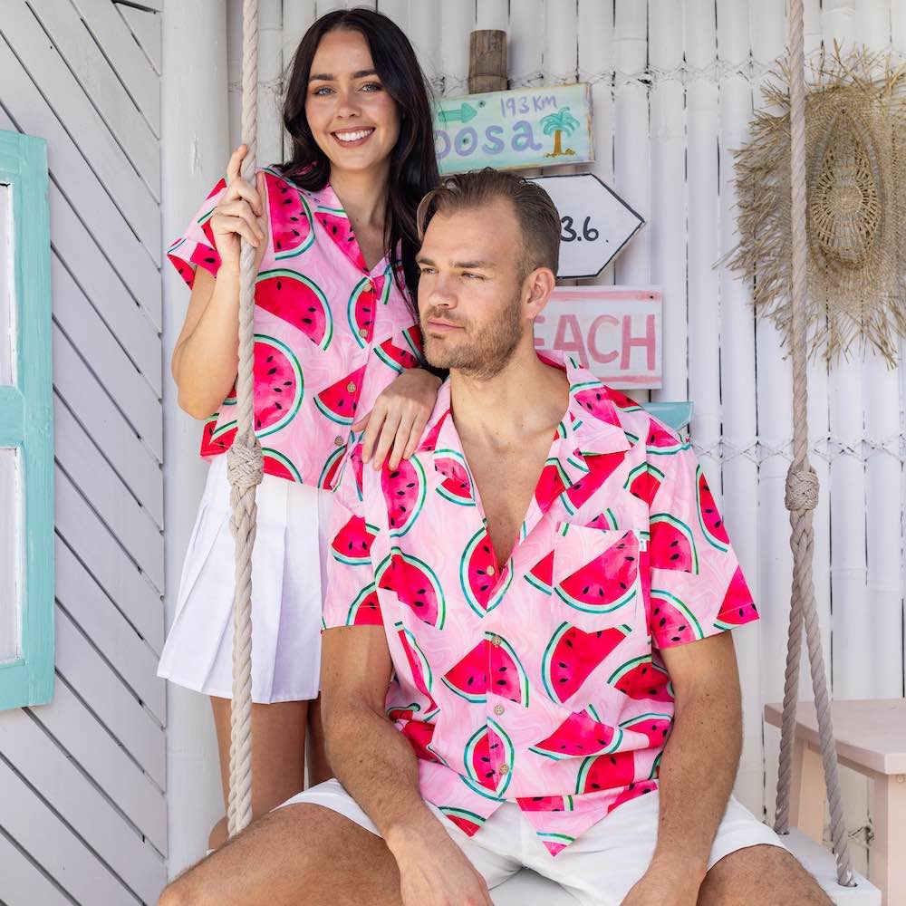 It's fruit for your wardrobe! Feel summery and sassy in this combo of a Mens Shirt and Womens Crop Shirt from Shake Ya Melons! Show off those pink watermelons at your next festival - you'll be the ripest one there! Don't forget to grab with the matching shorts and hat. Yum!