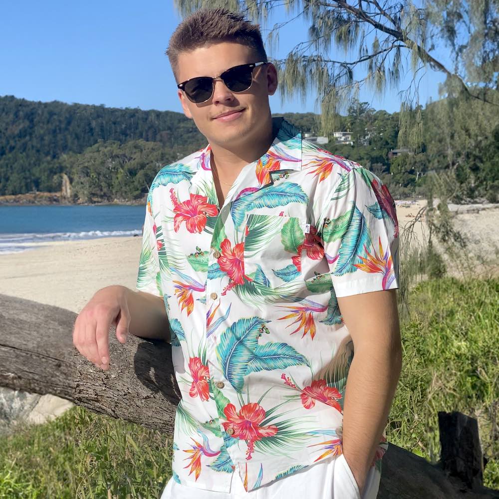 Freshen up your wardrobe in this limited edition White Paradise Cotton Shirt. This breathable and lightweight cotton material makes them perfect for wearing in the hot summer months and not to mention giving off major party-in-paradise energy. 