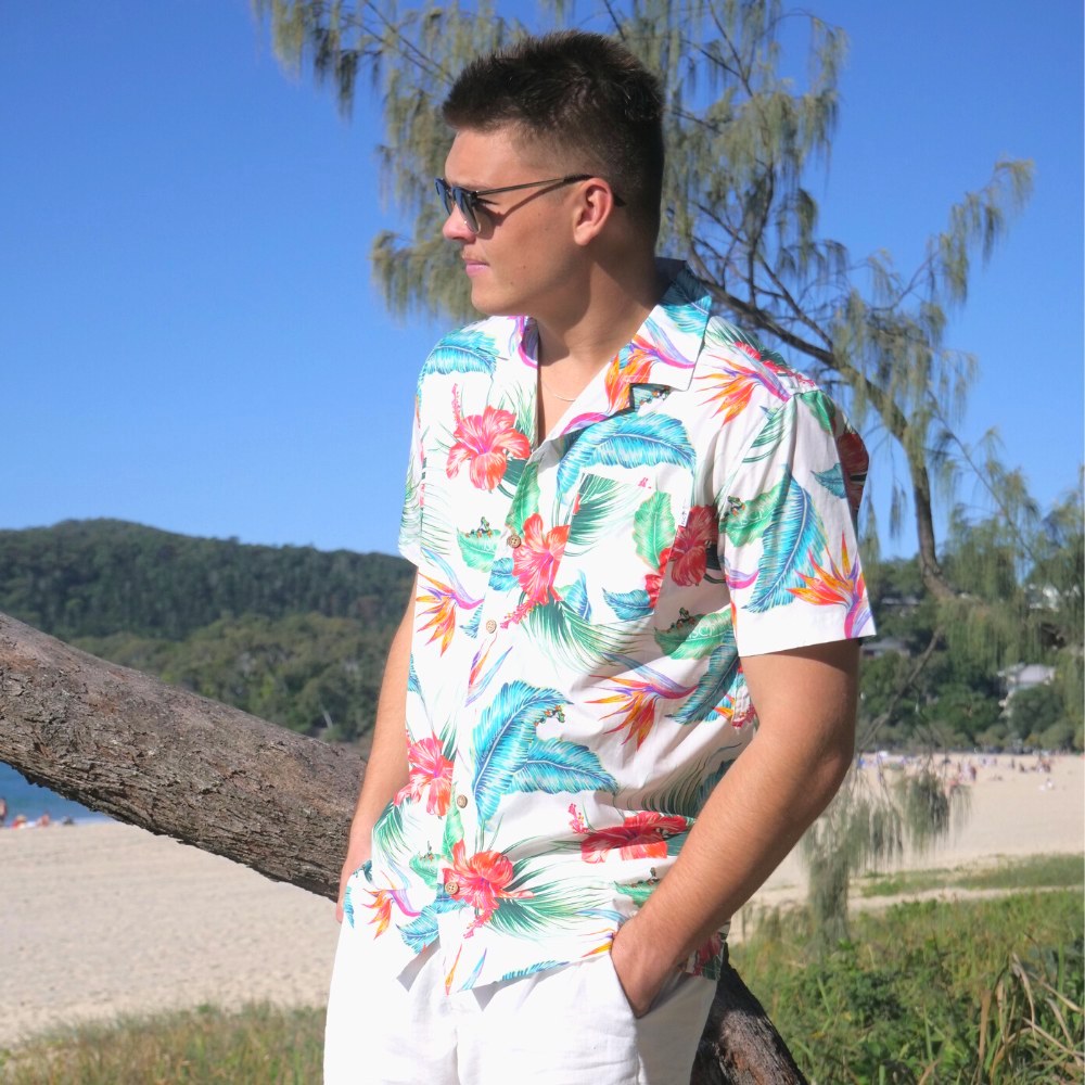 Freshen up your wardrobe in this limited edition White Paradise Cotton Shirt. This breathable and lightweight cotton material makes them perfect for wearing in the hot summer months and not to mention giving off major party-in-paradise energy. 