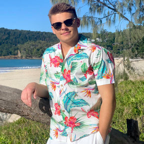 Freshen up your wardrobe in this limited edition White Paradise Cotton Shirt. This breathable and lightweight cotton material makes them perfect for wearing in the hot summer months and not to mention giving off major party-in-paradise energy. 