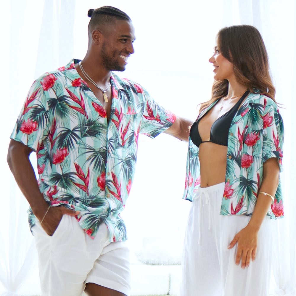 Show off your Australian style with Summer Daze! Our matching Men's Hawaiian Shirt and Women's Crop Shirt have a unique Aussie twist, featuring Waratah flowers and leaves on a white and green stripes. Step out in sunny style with this ultimate couple's look for cruisin' the coast!  Level up the look and add matching Swim Shorts or Unisex Shirts. Shop the Summer Daze Collection. 