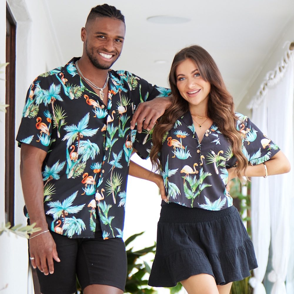 Take your shirt collection to the next level with the Flamingo Nights Crop Shirt. It's groovy, fun and super soft!  Pair with the matching Men's Hawaiian Shirt for your partner. Shop the Flamingo Nights Collection.  