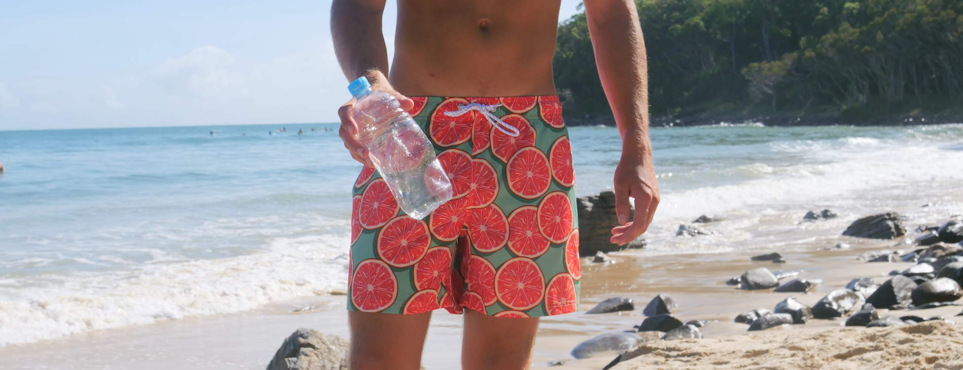 mens recycled swim shorts hawaiian groovy grapefruit tropical islandstyleclothing