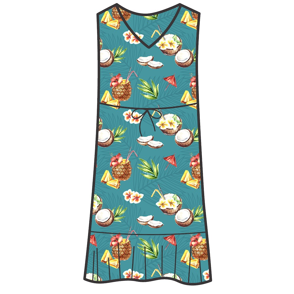 Unleash your playful side with our Coco Crush Hawaiian Dress! Made from soft rayon, this dress exudes tropical vibes with a v-neckline, non-elastic waist tie, and a ruffled hem. Its fun print featuring coconuts and pineapples on a teal base will transport you to an island paradise.