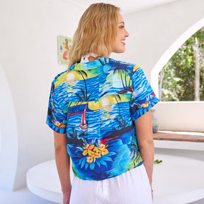 Slip into a paradise of style with this Blue Sunset - Womens Crop Hawaiian Shirt! This high-quality shirt will have you feelin' bluer than the ocean waves, with its beautiful, bold blue colours and unique design that'll show your style to the world. Don't wait for sundown to show it off!