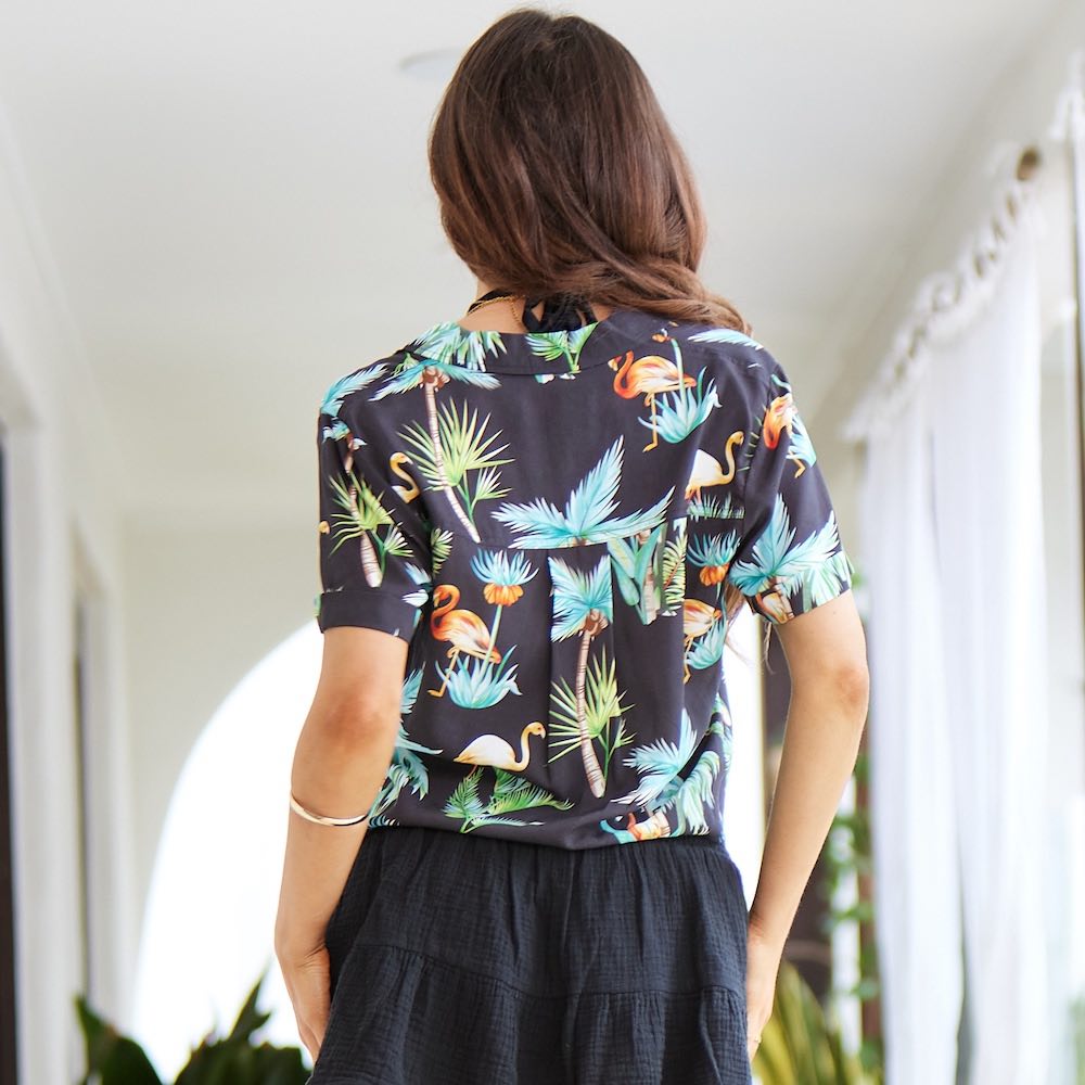 Take your shirt collection to the next level with the Flamingo Nights Crop Shirt. It's groovy, fun and super soft!  Pair with the matching Men's Hawaiian Shirt for your partner. Shop the Flamingo Nights Collection.  
