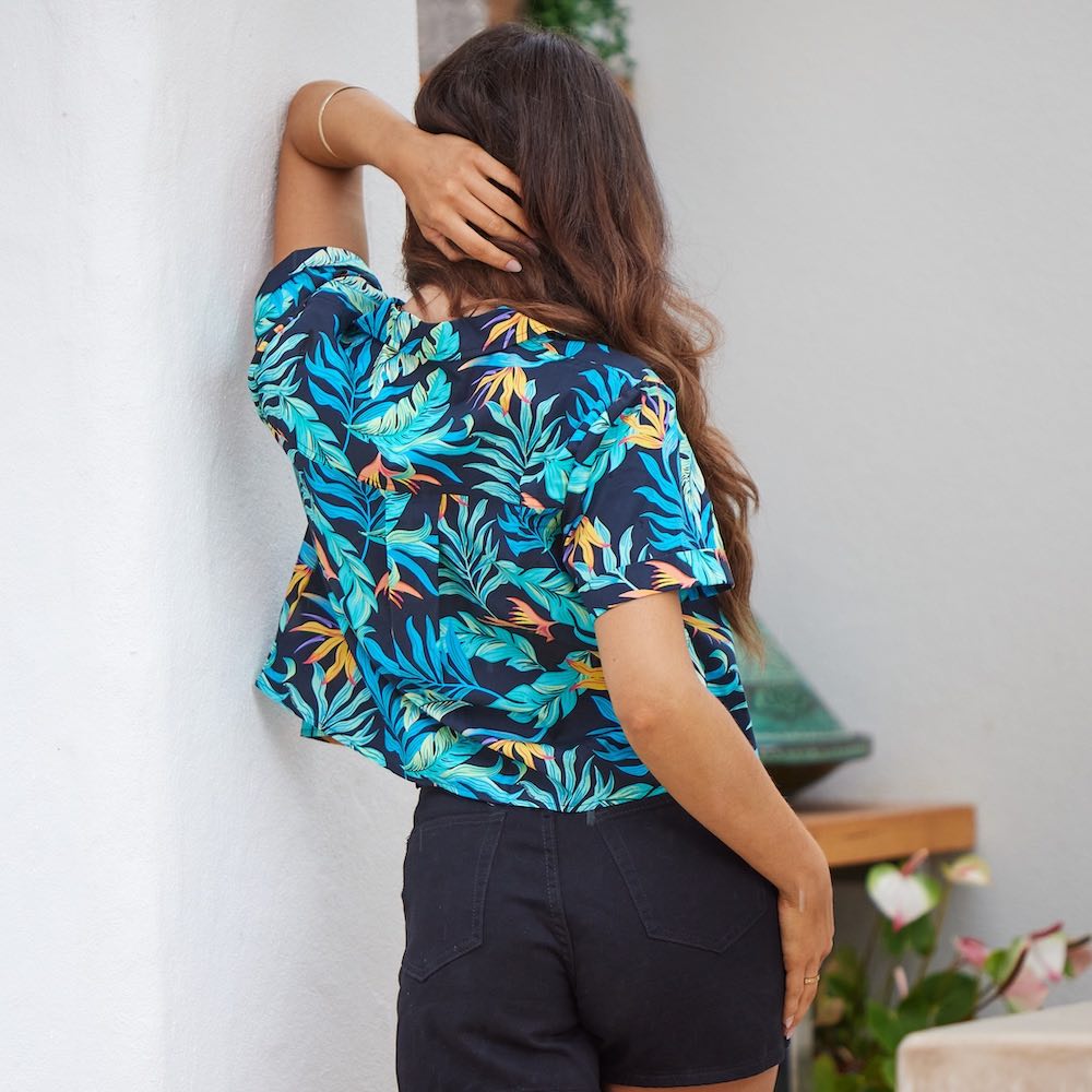 Step into summer in this Jungle Fever Hawaiian Crop Shirt, this shirt steers itself away from the ordinary. The lightweight material of this shirt is perfect for hot days while its short-sleeve design provides all-day comfort.  Level up the look and add matching Swim Shorts or a Shirt for him.  View the Jungle Fever Collection.