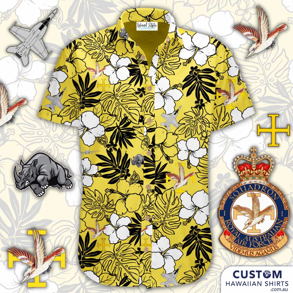 Proud to design and supply some custom shirts to Australian Military. 1 SQD RAA, QLD, ADT - Customised Hawaiian Shirts 100% Cotton Coconut embossed buttons Yellow and new Pink edit for the ladies at home