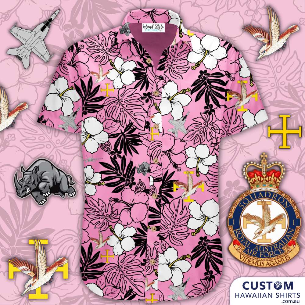 Proud to design and supply some custom shirts to Australian Military. 1 SQD RAA, QLD, ADT - Customised Hawaiian Shirts 100% Cotton Coconut embossed buttons New Pink edit (they had a yellow version first). Pink was made for family waiting at home.