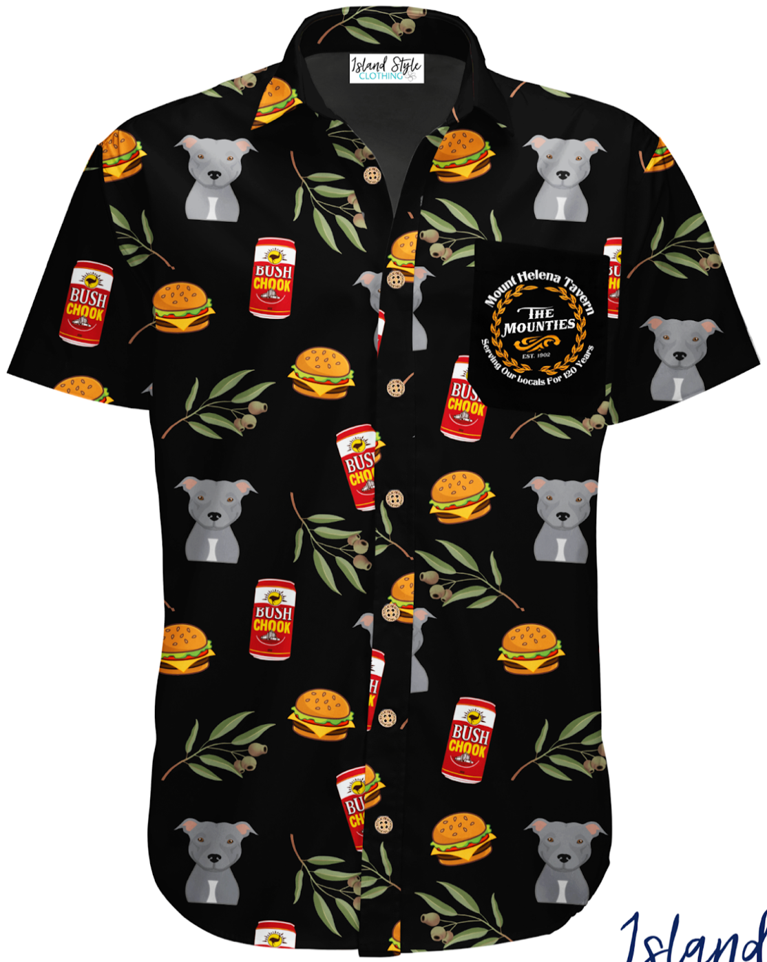 Mount Helena Tavern wanted some funky new hospitality uniforms in a modern Aussie look with Bush Chook beer cans, a dog, burgers and gum leaves.