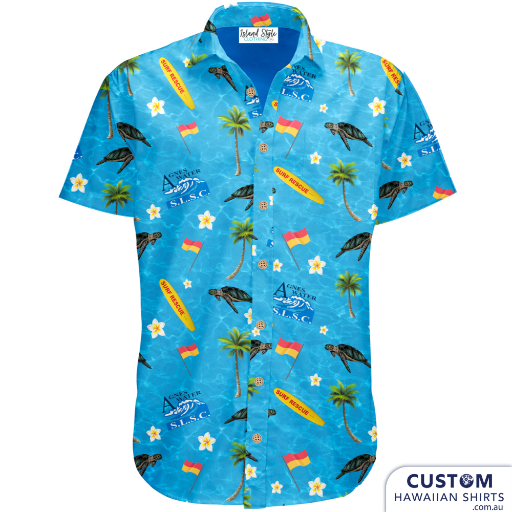 Agnes Waters Surf Life Saving Club in Queensland wanted some new custom uniforms featuring turtles, flags, rescue boards, frangipani flowers and of course their logo on a water base.