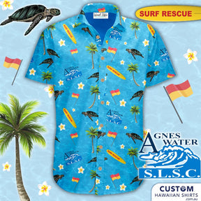 Agnes Waters Surf Life Saving Club in Queensland wanted some new custom uniforms featuring turtles, flags, rescue boards, frangipani flowers and of course their logo on a water base.